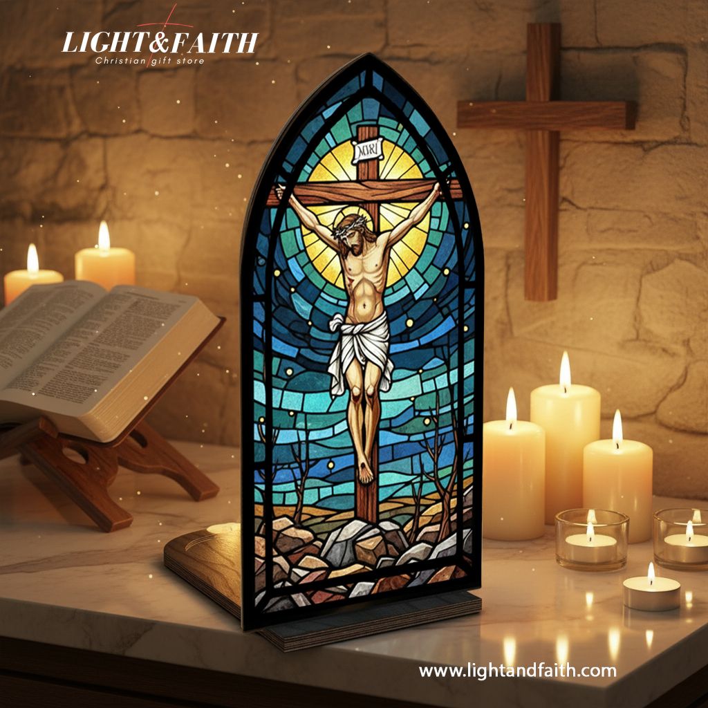 Christian Jesus Book Nook Decor, Crucifix LED Light, Stained Glass Window Style, Religious Home Decor Gift for Prayer Room, Easter or Christmas Gift BNLAF13